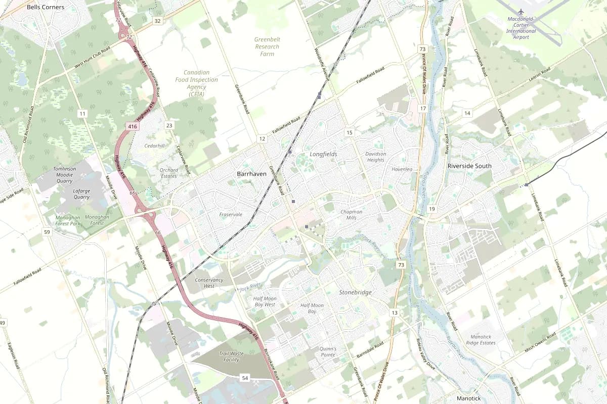 Street map centred on Barrhaven, Ottawa-Gatineau