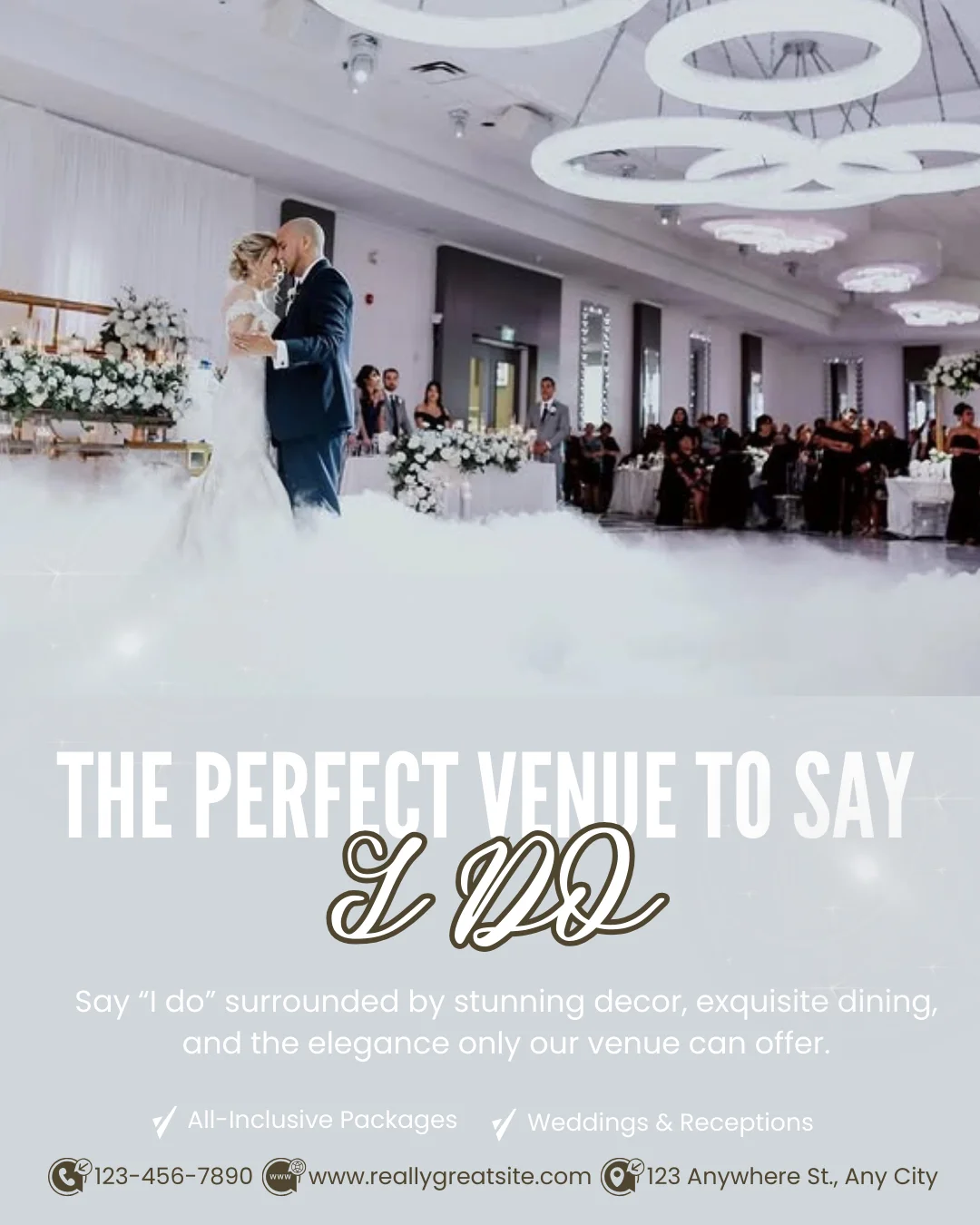Venue advertisement with a couple on a cloud-covered dance floor and the line The Perfect Venue to Say I Do